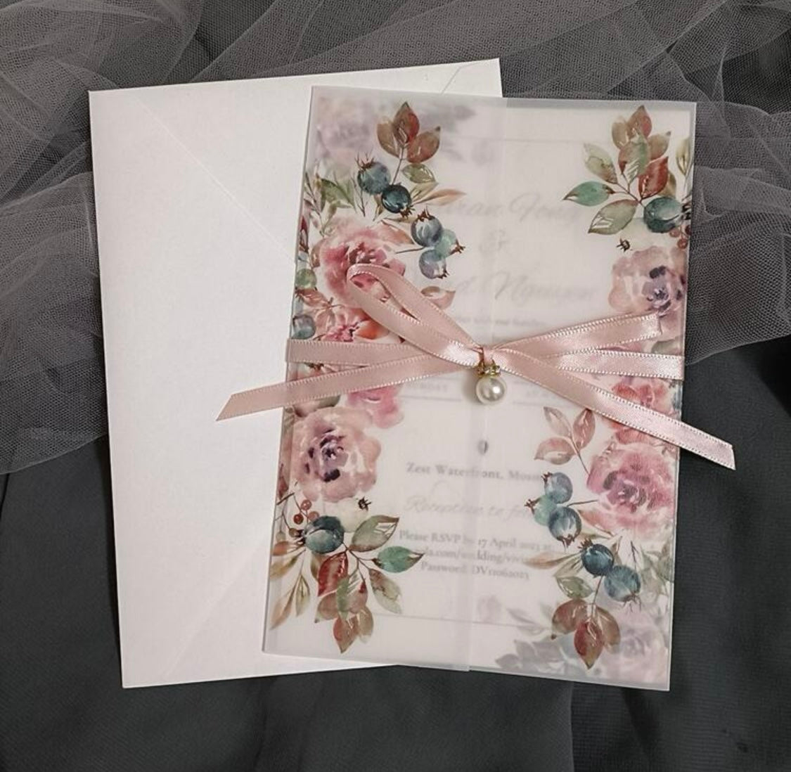 Pink Floral Vellum invitation Envelope Set