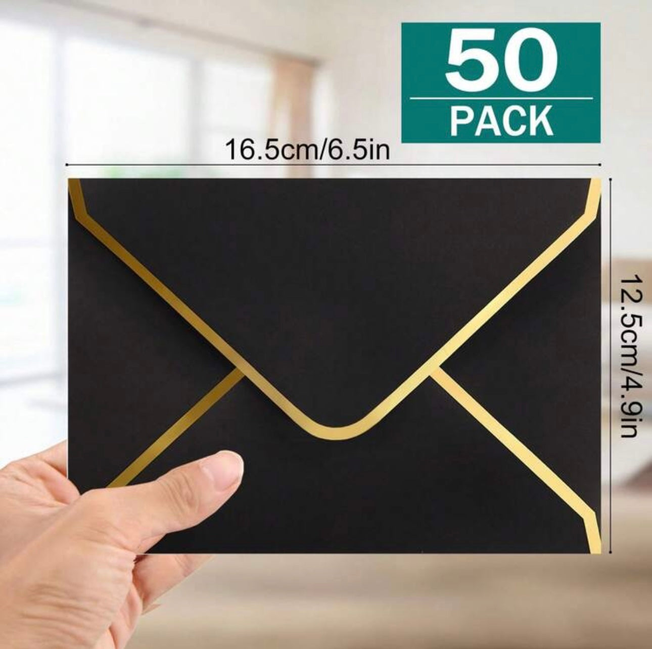 50pc Black Envelopes with Gold foil edging