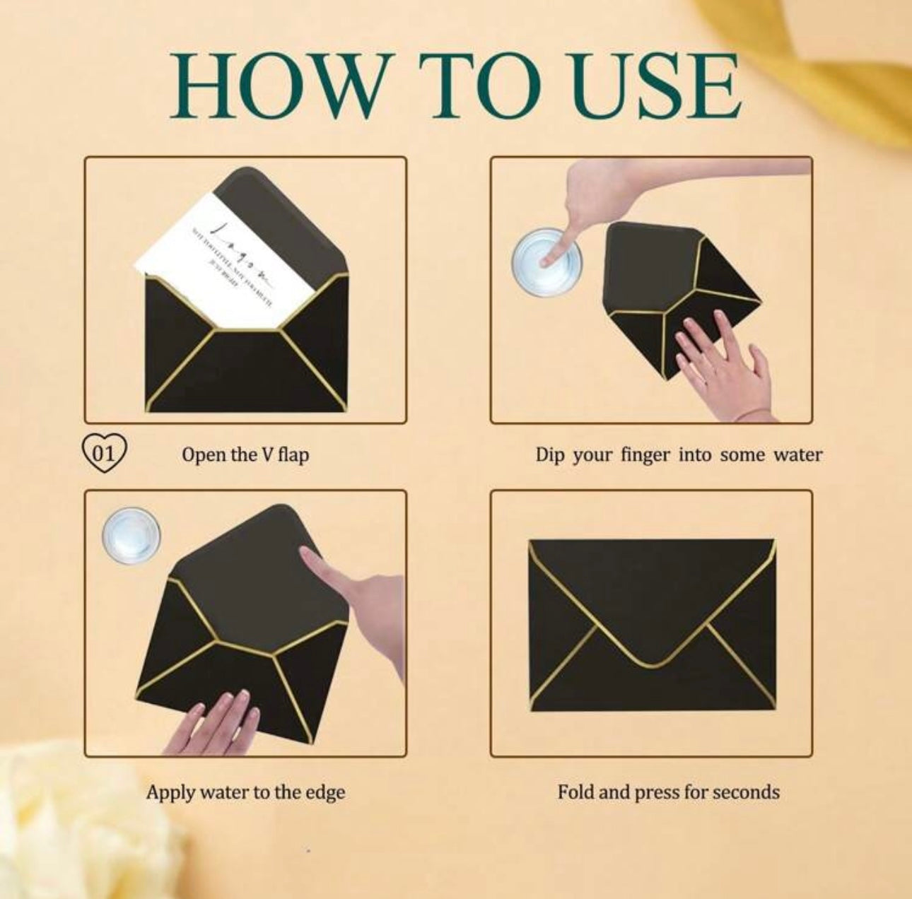 50pc Black Envelopes with Gold foil edging