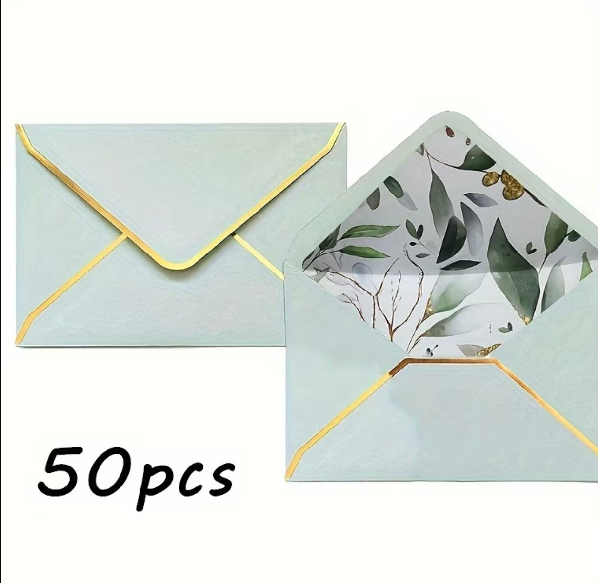 50pc sage green envelopes with gold edging