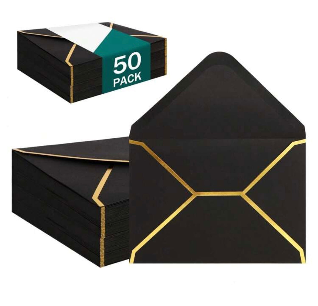 50pc Black Envelopes with Gold foil edging