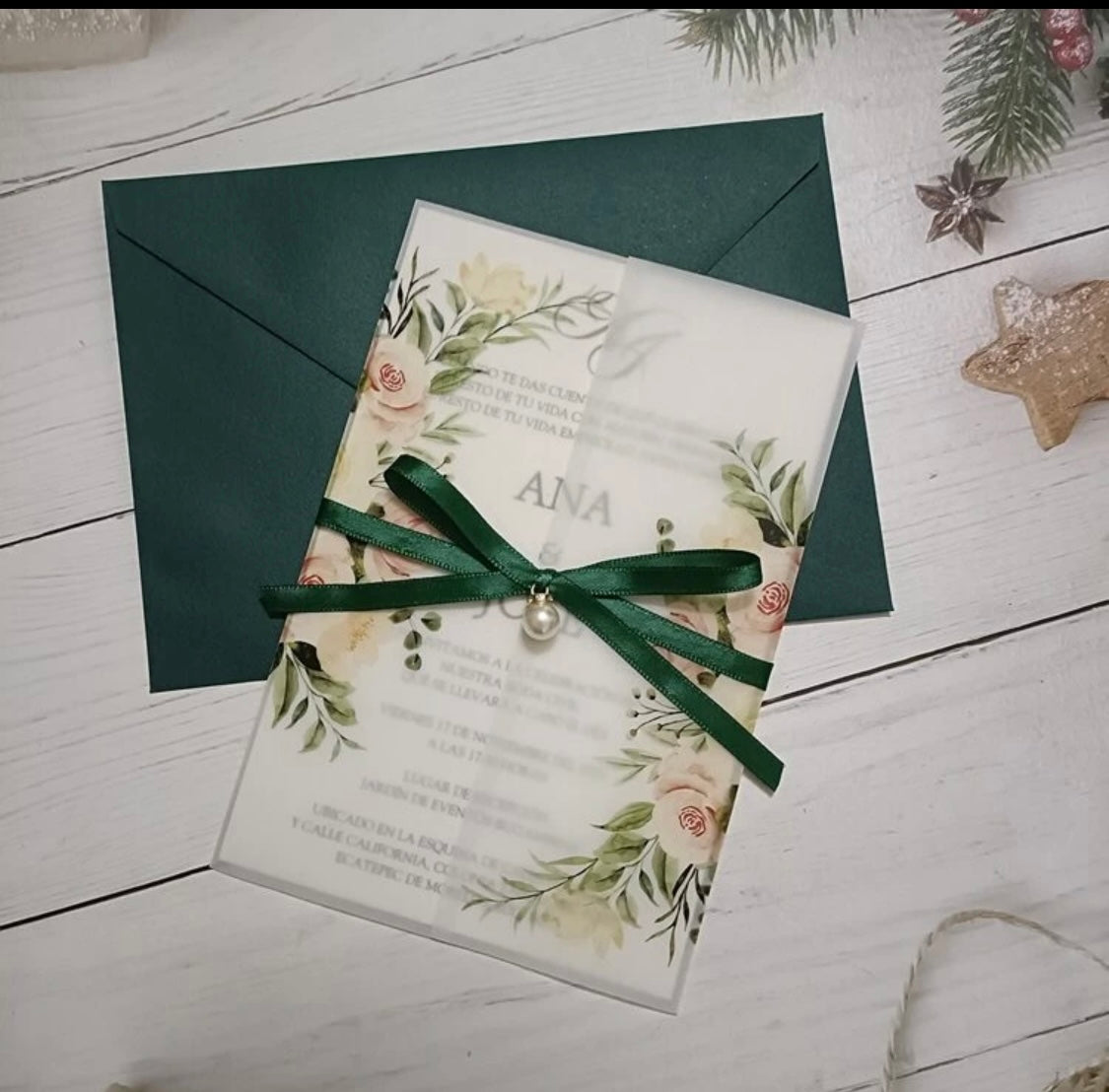 Emerald Green Floral Vellum invitation Envelope Set