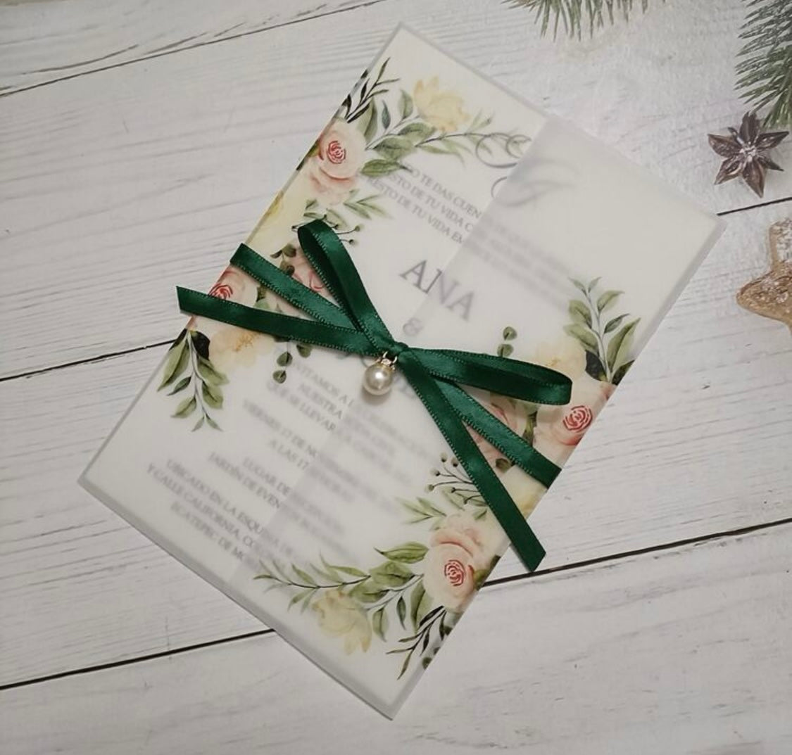 Emerald Green Floral Vellum invitation Envelope Set