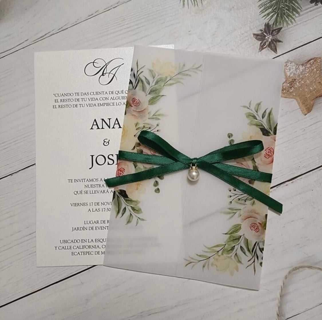 Emerald Green Floral Vellum invitation Envelope Set