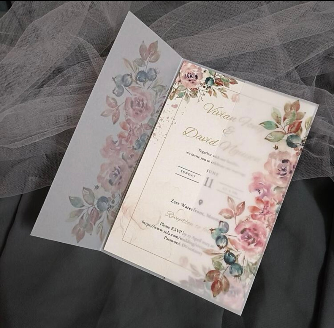 Pink Floral Vellum invitation Envelope Set