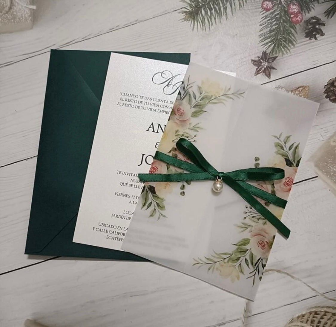 Emerald Green Floral Vellum invitation Envelope Set