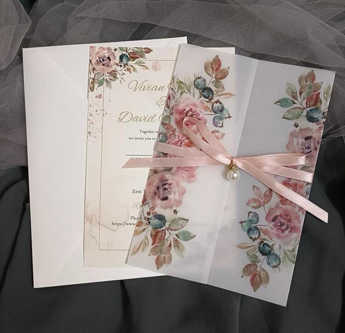 Pink Floral Vellum invitation Envelope Set