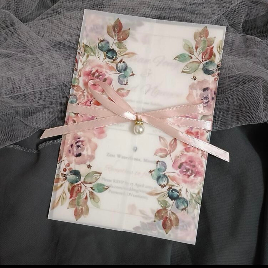 Pink Floral Vellum invitation Envelope Set